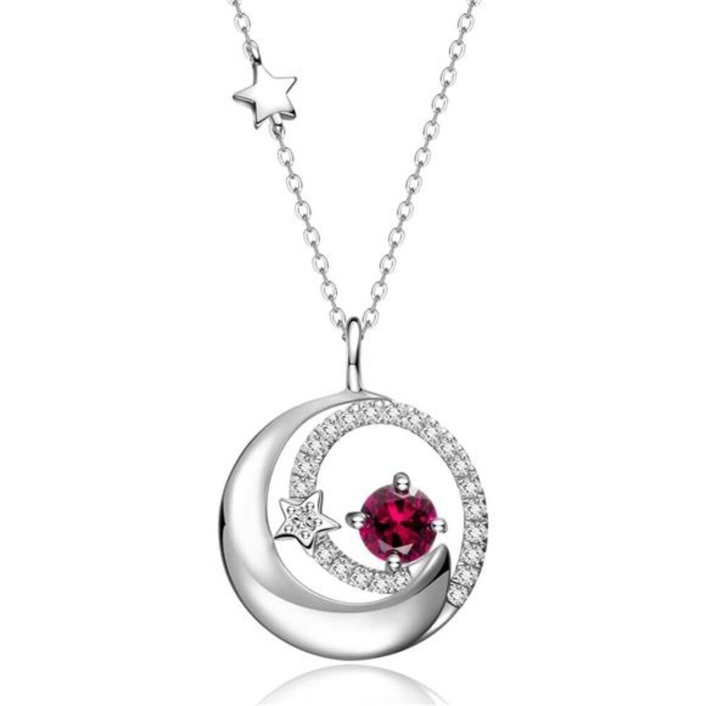 Sterling Silver Moon and Star Necklace Ruby Birthstone Jewelry Gift for Women
